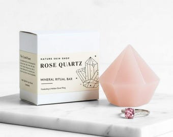Rose Quartz Crystal Soap with Hidden Silver Ring, October Birthstone Gift, Surprise Jewelry Soap