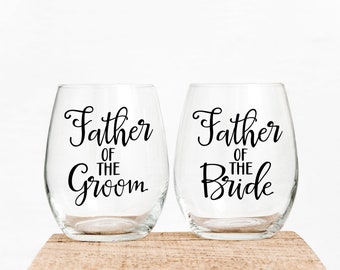 Set of Father of the Bride and Father of the Groom Stemless Wine Glasses. Parent Wedding Gifts - Father's Wedding Gifts - Wedding Day Gifts