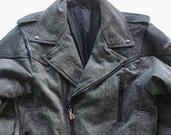 Grijs Denim & Zwart Leren Jasje, Maat M