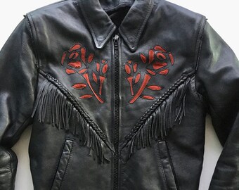 Black Leather Motorcycle Fringe Jacket with Flower Embossing, Size S