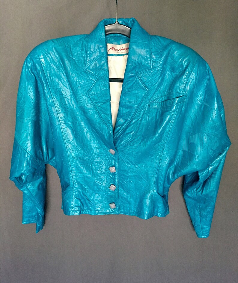 Aqua Blue Embossed Genuine Leather Jacket Alicia Herrera Image 0