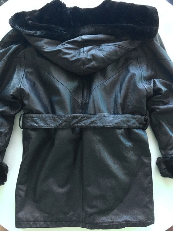 Black Leather Raincoat featuring Fur Hood, Colar … - image 9