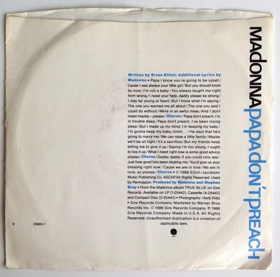 【PROMO】Madonna Papa Don't Preach 7inch Madonna - Papa Don't Preach / Pretender 7' Single 45 RPM Vinyl