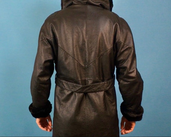 Black Leather Raincoat featuring Fur Hood, Colar … - image 8
