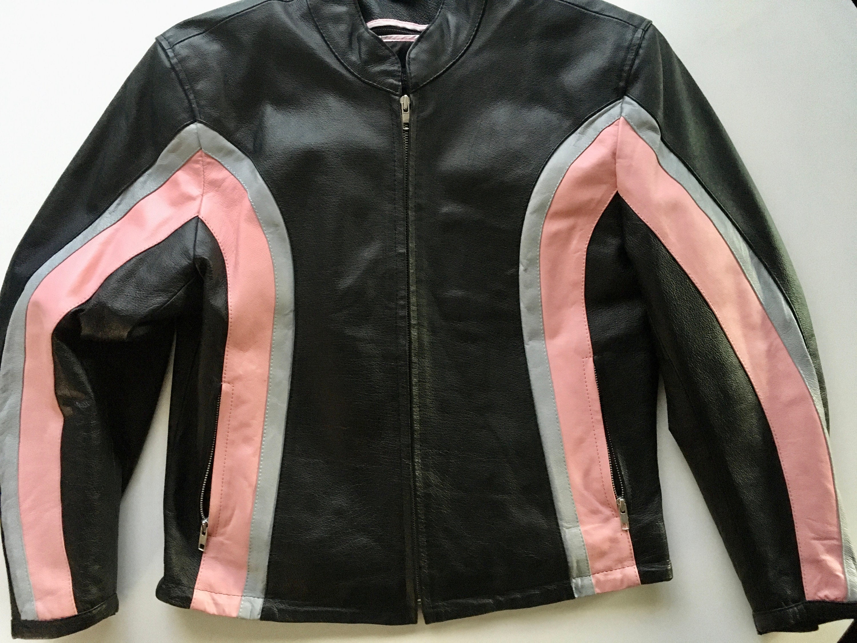 Biker Jacket Pink and Black Ornate Printed Leather Medium 