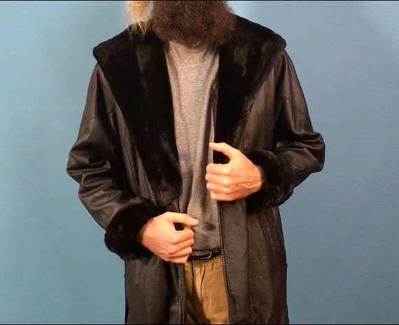 Black Leather Raincoat featuring Fur Hood, Colar … - image 2