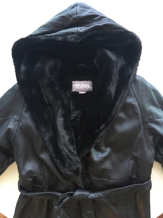 Black Leather Raincoat featuring Fur Hood, Colar … - image 5