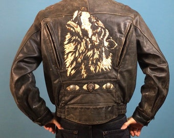 Brown Leather Bomber Jacket with Snakeskin Embossed Wolf - Harley Davidson, Size 42