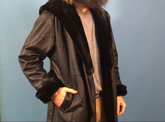 Black Leather Raincoat featuring Fur Hood, Colar … - image 1