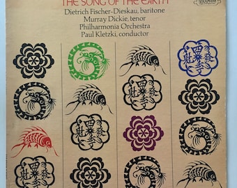 May include: A vintage record album cover featuring a black and white illustration of a dragon, fish, and flower designs. The album title is "Mahler: The Song of the Earth" with the performers listed below. The album is from the Seraphim label.