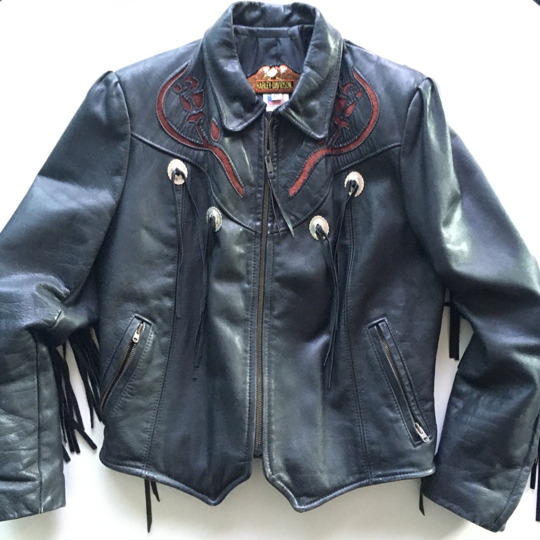 Black Leather Motorcycle Fringe Jacket With Flower Embossing - Etsy