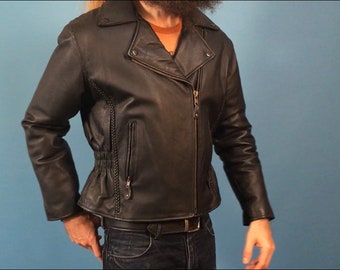 Black Leather Motorcycle Jacket USA Bikers Dream Apparel, Size S