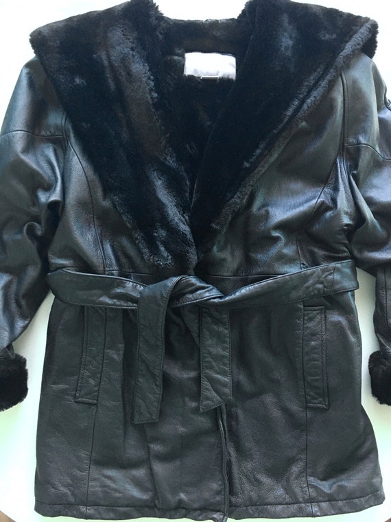 Black Leather Raincoat featuring Fur Hood, Colar … - image 7