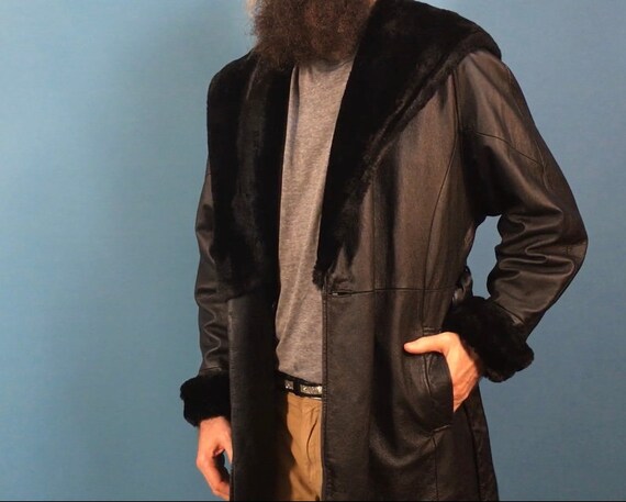 Black Leather Raincoat featuring Fur Hood, Colar … - image 3