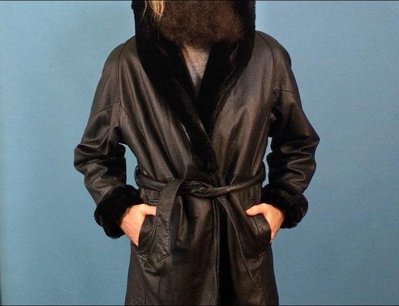 Black Leather Raincoat featuring Fur Hood, Colar … - image 6