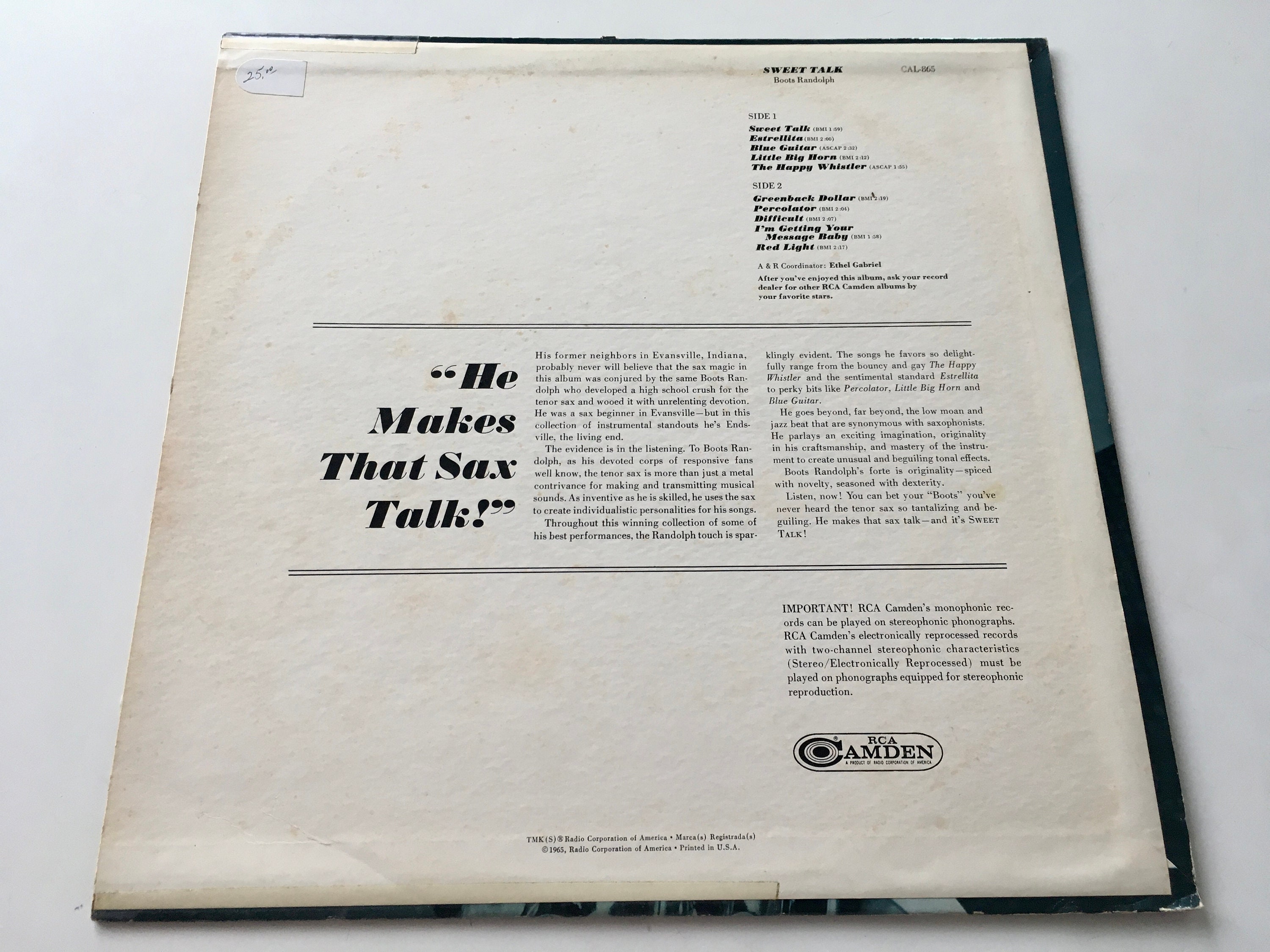 Boots Randolph - Sweet Talk LP Vinyl Record Album, RCA Camden