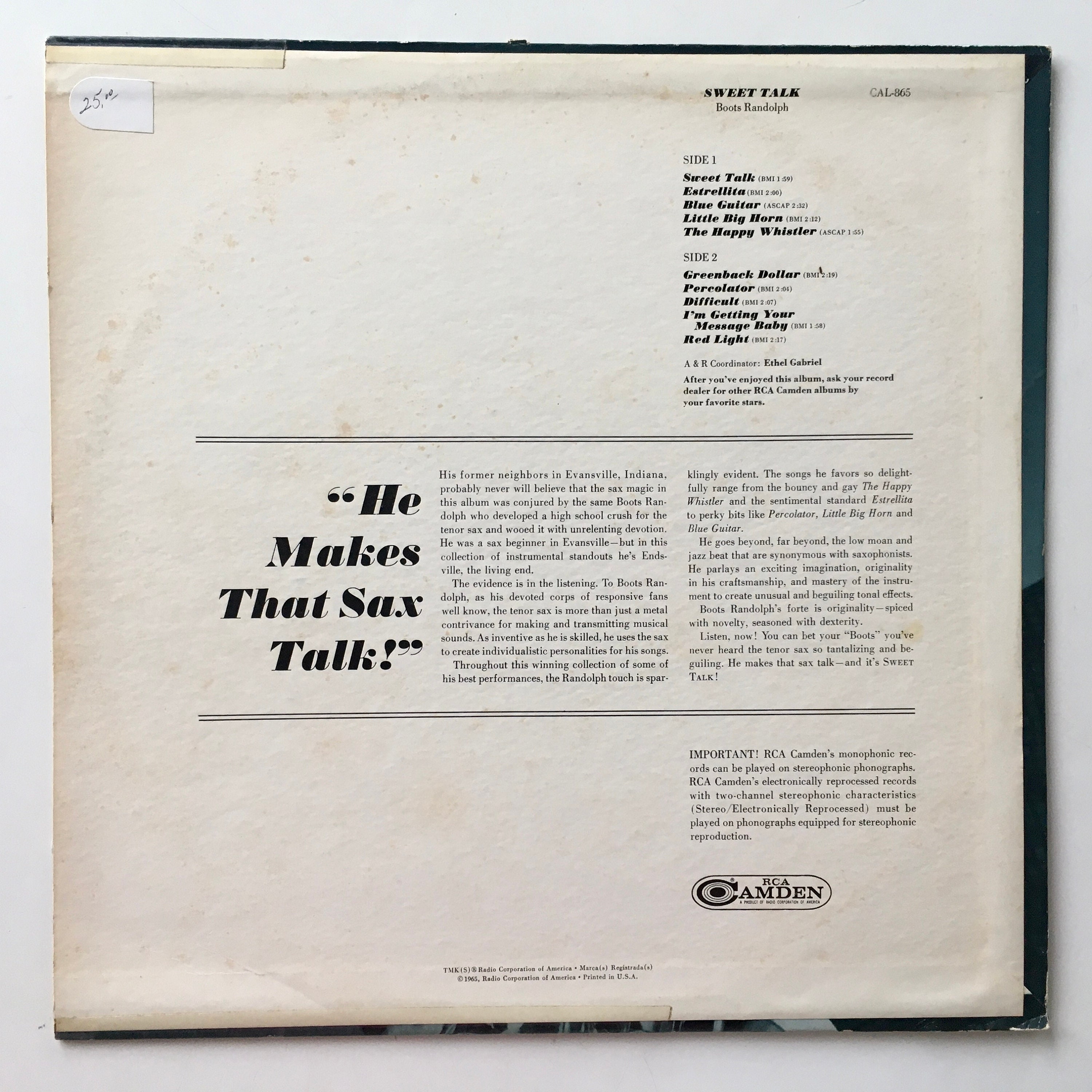 洋楽 HAUPTKAMPFLINIE Boots Randolph - Sweet Talk LP Vinyl Record Album, RCA