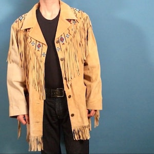 Tan Wildleder Leder südwestlichen Fransen Jacke - Via Accenti, Größe B8