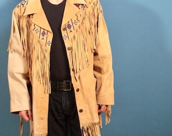 Tan Suede Leather Southwestern Fringe Jacket - Via Accenti, Size B8