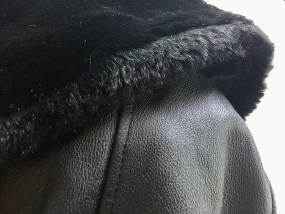 Black Leather Raincoat featuring Fur Hood, Colar … - image 10