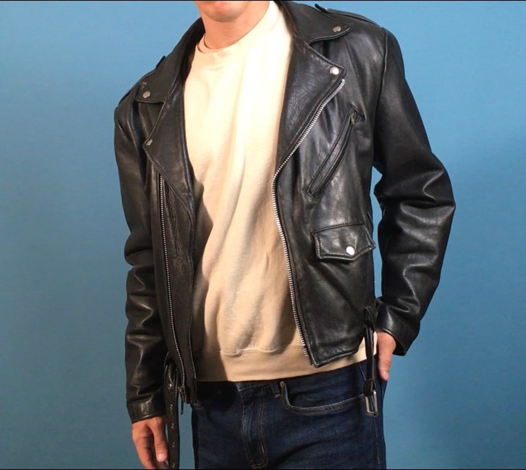 Black Genuine Leather Motorcycle Jacket - Open Road, Size 42 Black Genuine Leather Motorcycle Jacket - Open Road, Size 42