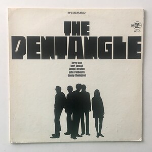 May include: Vintage vinyl record album cover for "The Pentangle" in black and white. The album title is in bold, block letters. Below the title are the names of the band members. Silhouetted figures of the band members are at the bottom.