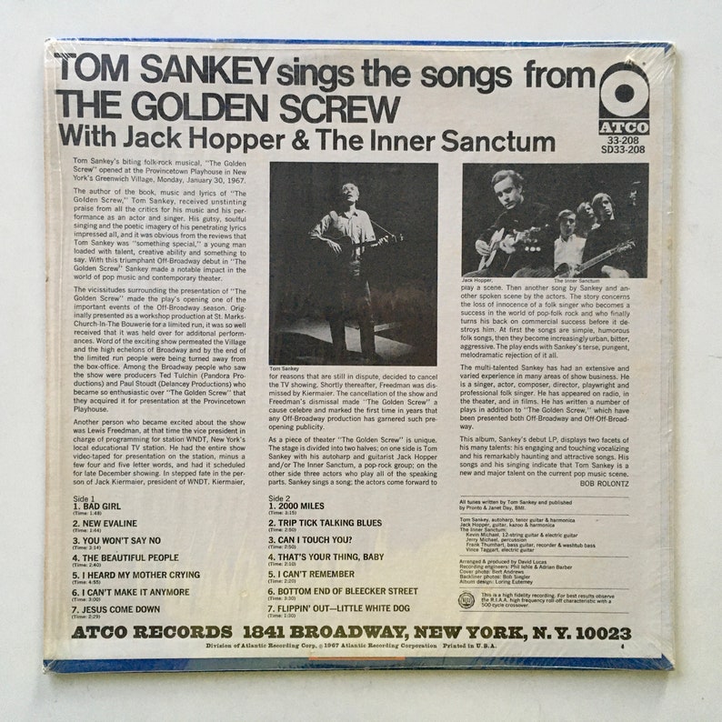 Tom Sankey Sings the Songs From the Golden Screw LP Vinyl Etsy