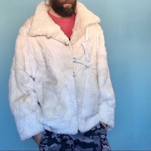 Rabbit Fur Coat, Leather Jacket featuring a Unique Sylishly Magnificent Half Zipper-Half Pull Strap Closure - Size M