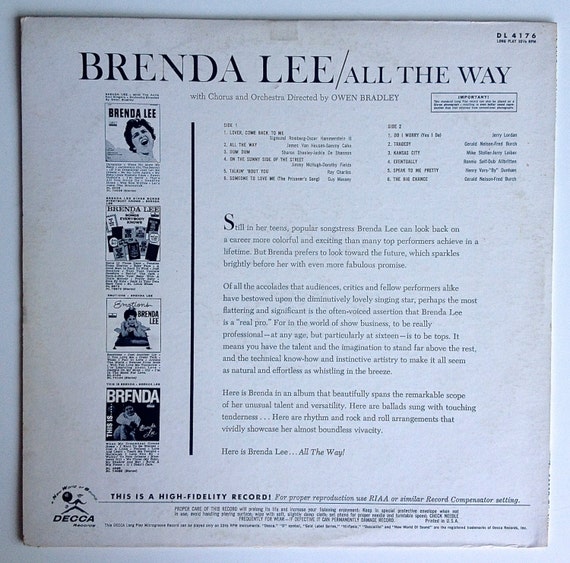 Brenda Lee - All the Way LP Vinyl Record Album, Decca - DL 4176