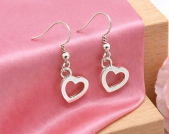 9ct 9K White Gold Love Heart Outline Drop Earrings