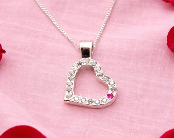 Sterling Silver Heart Pendant Necklace: Pink & White CZ Gem