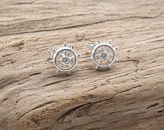 Sterling Silver Boat Wheel and CZ Earring Studs.
