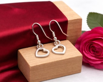 Sterling Silver Love Heart Outline Drop Earrings.