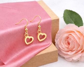 9ct Gold Love Heart Outline Drop Earrings.