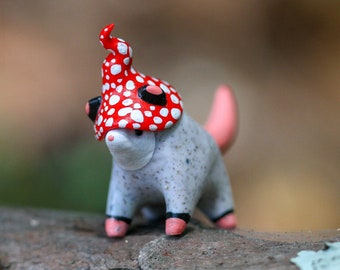 Handmade Standing Opossum with Mushroom Hat / Polymer Clay Woodland Animal Miniature