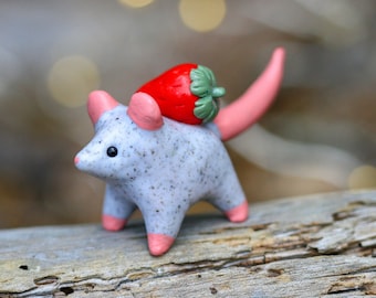 Handmade Mouse with Strawberry Totem Figurine / Polymer Clay Woodland Animal Miniature