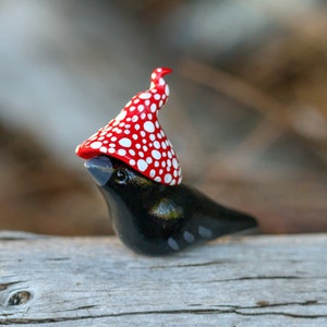 Handmade Black Crow Totem with Mushroom Hat / Polymer Clay Woodland Animal Miniature