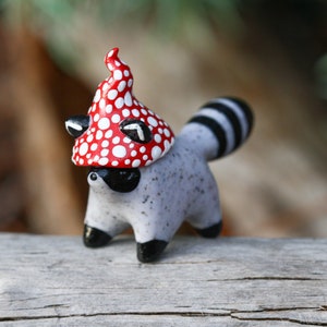 Made To Order Standing Mushroom Raccoon Totem, Clay Raccoon Figure, Handmade Clay Figurine, Polymer Clay Raccoon, Raccoon Figure Sculpture