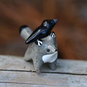 Made To Order Wolf with Crow Guide Totem, Clay Wolf and Bird Sculpture, Handmade Wolf Figurine, Polymer Clay Crow Figure, Clay Sculpture
