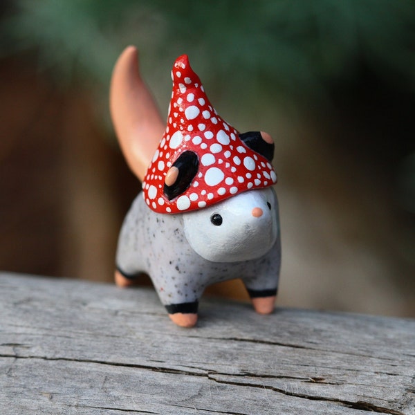 Made To Order Standing Mushroom Opossum Totem, Clay Opossum Figure, Handmade Figurine, Polymer Clay Opossum, Opossum Figure, Clay Sculpture