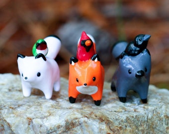 Made To Order Fox w/Bird Guide Totem, Arctic/Red/Grey Fox, Hummingbird/Cardinal/Crow, Clay Fox and Bird Sculpture, Handmade Fox Figurine