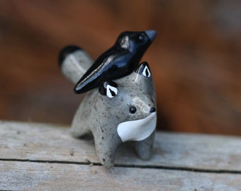 Handmade Wolf with Crow Guide Totem Figurine / Polymer Clay Woodland Animal Miniature