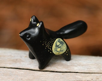 Handmade Black Fox Totem Figurine with Moon Detail / Polymer Clay Woodland Animal Miniature