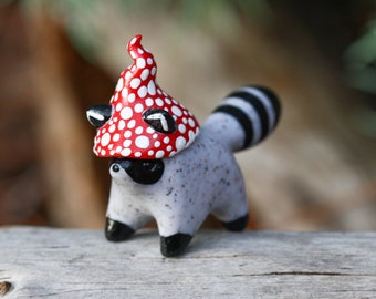 Made To Order Standing Mushroom Raccoon Totem, Clay Raccoon Figure, Handmade Clay Figurine, Polymer Clay Raccoon, Raccoon Figure Sculpture