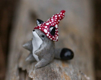 Handmade Wolf with Mushroom Hat Totem Figurine / Polymer Clay Woodland Animal Miniature