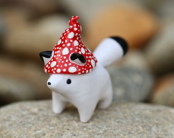 Made To Order Standing Mushroom Arctic Fox Totem, Clay Fox Figure, Handmade Clay Figurine, Polymer Clay Fox, Fox Figure, Clay Sculpture