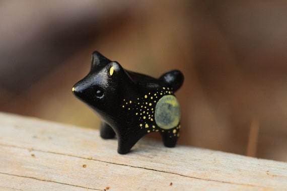 Handmade Black Bear Totem Figurine with Moon Detail / Polymer Clay Woodland Animal Miniature