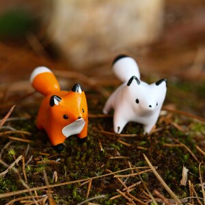 Pu&ograve; includere: Due piccole statuine di volpe in ceramica, una arancione e una bianca, con occhi e nasi neri, in piedi su un letto di aghi di pino marroni e muschio verde.
