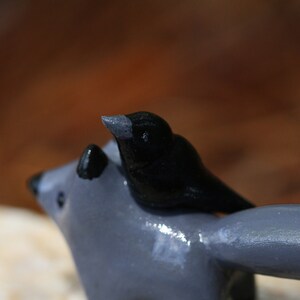 K&ouml;nnte beinhalten: Eine graue und schwarze Keramikfigur eines Waschb&auml;ren mit einem schwarzen Vogel auf dem R&uuml;cken.