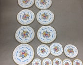 vintage 19 pieces 1970s flowers Childs tea coffee set tin litho plates cooking kitchen play set